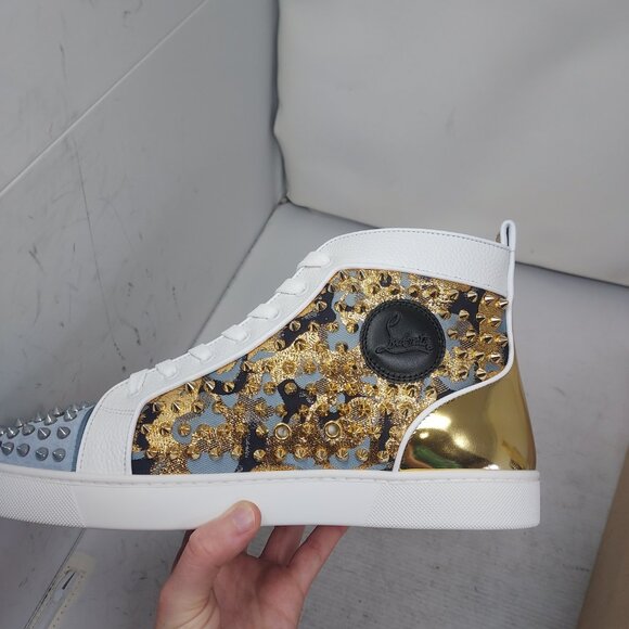 CHRISTIAN LOUBOUTIN White Gold Louis Orlato High Top Stud Sneaker - Picture 4 of 10